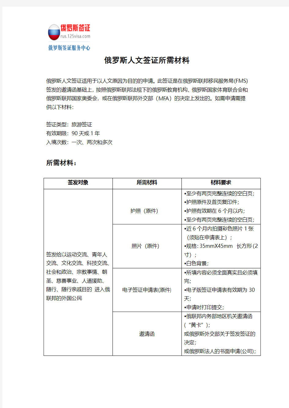 俄罗斯人文签证所需材料