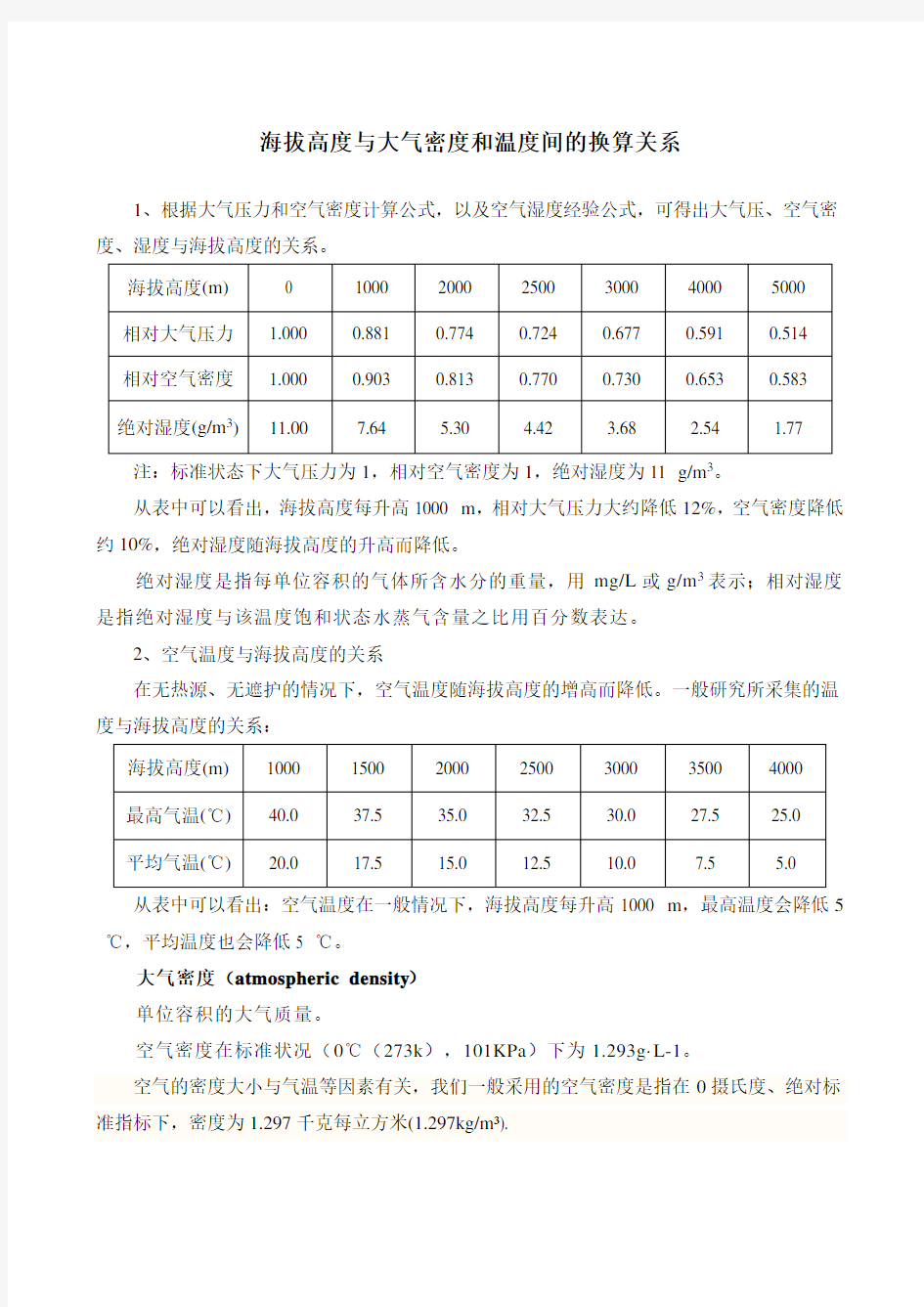 海拔与大气密度和温度间的换算关系