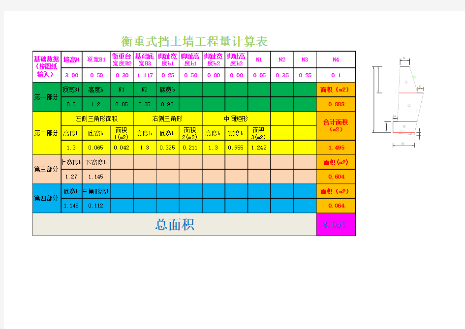 衡重式挡土墙工程量计算表-复核标准断面面积(带公式)