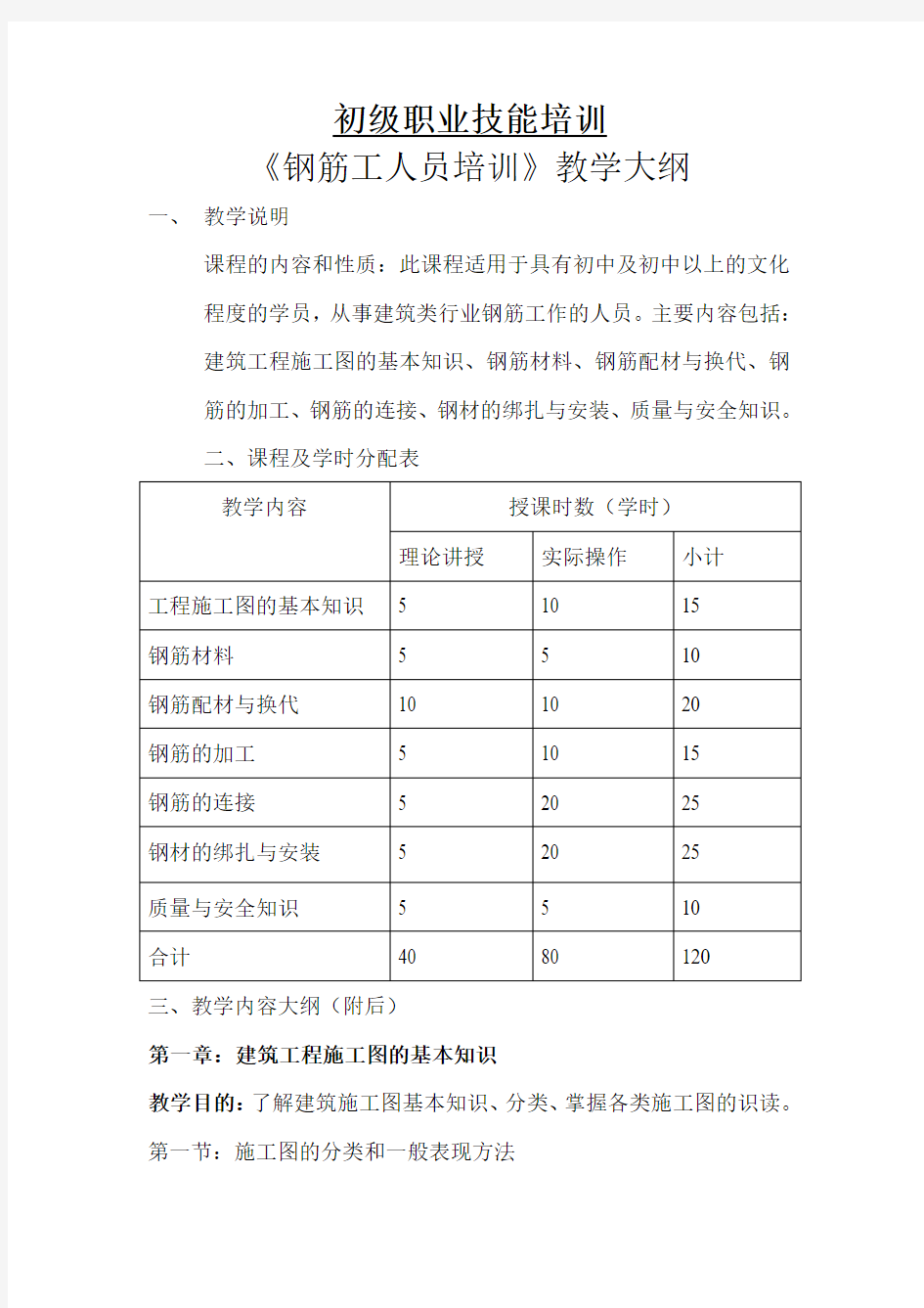 初级钢筋工课程教学大纲.doc