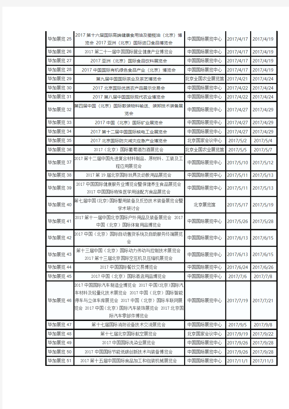 2017年北京展会排期表