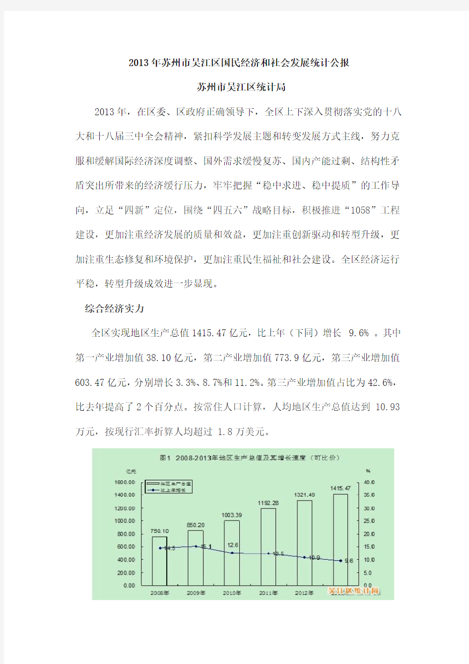 2013年苏州市吴江区国民经济和社会发展统计公报