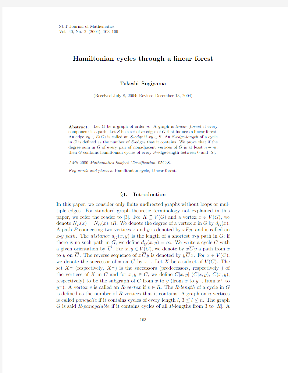 SUT Journal of Mathematics Vol. 40, No. 2 (2004), 103–109 Hamiltonian cycles through a lin