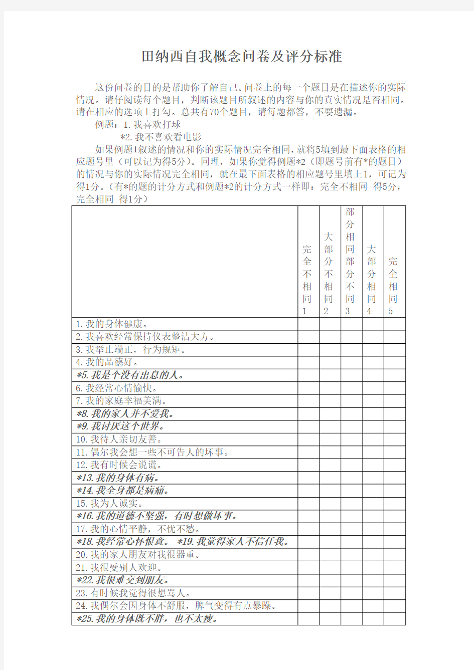 田纳西自我概念问卷及评分标准