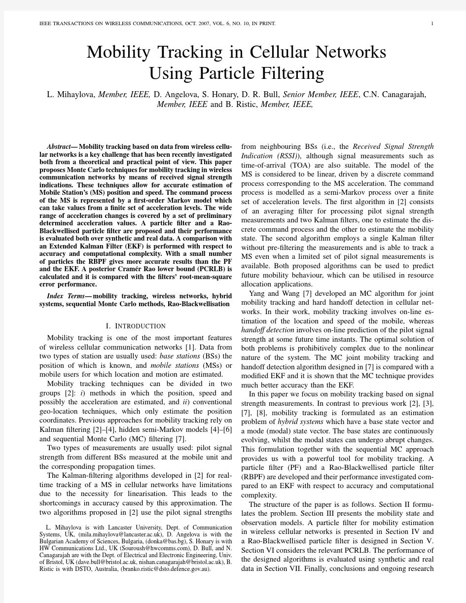 Mobility Tracking in Cellular Networks Using Particle Filtering