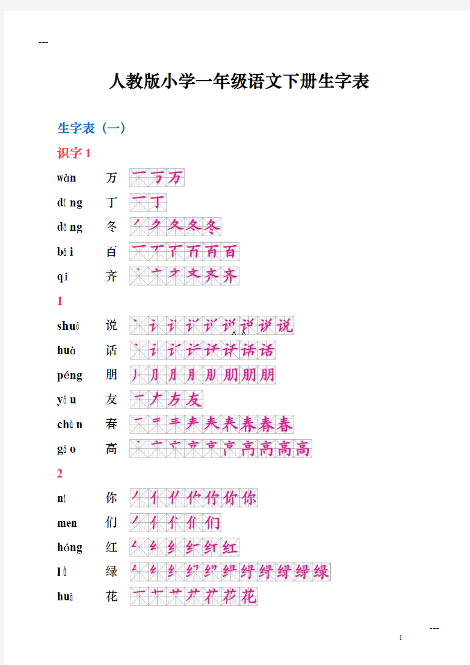 人教版小学一年级语文下册生字笔顺_