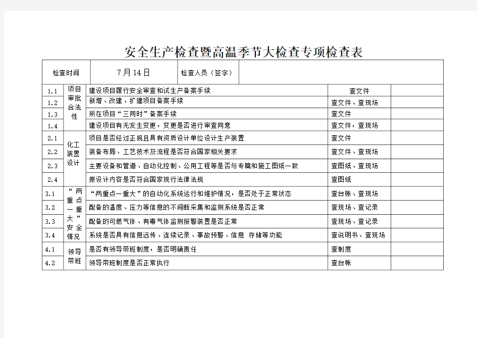 安全生产大检查工作专项检查表