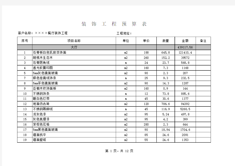 饭店装饰工程预算表