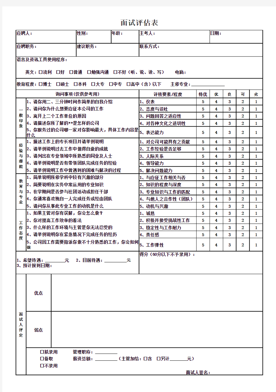 公司面试评估表