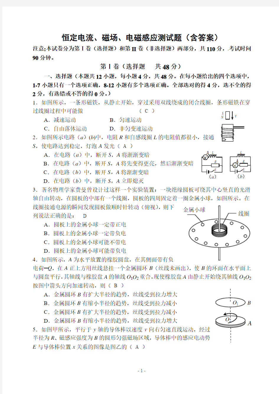 恒定电流、磁场、电磁感应测试题(含答案)