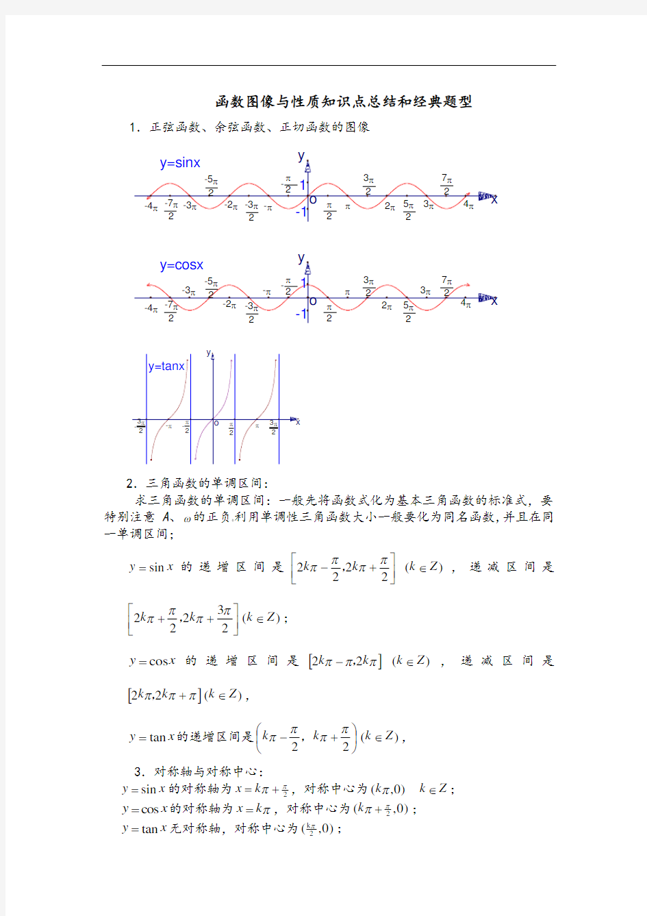 三角函数图像与性质知识点总结材料和经典题型