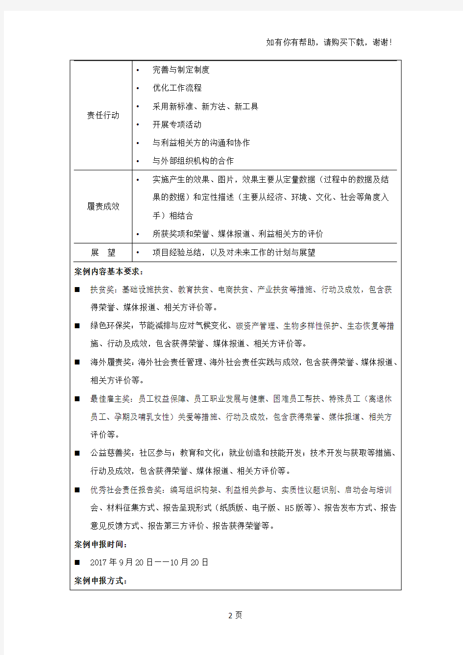 2017中国企业社会责任优秀案例单项奖申报表
