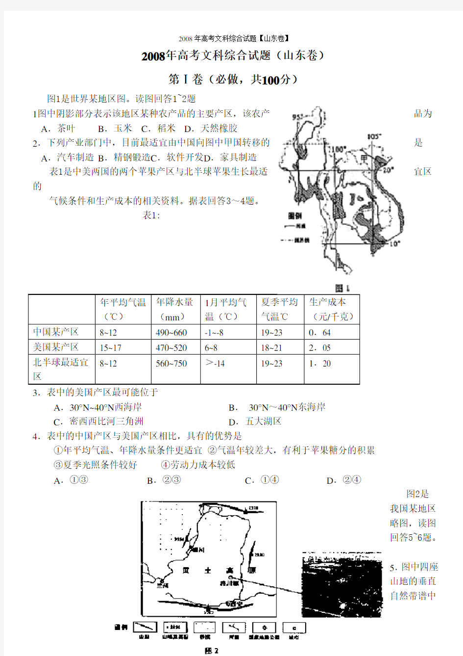 (完整版)2008年高考文综试题(山东卷)