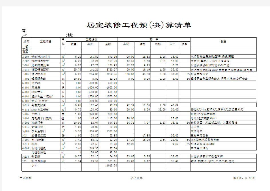 家庭装修明细表(预算清单)新