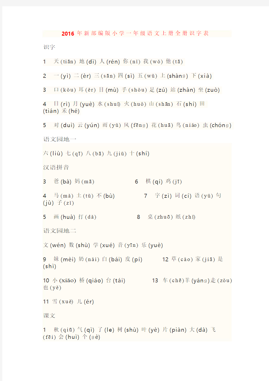 2016年新部编版小学一年级语文上册全册识字表带拼音