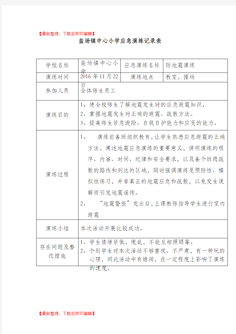 小学防地震应急演练记录表(完整资料).doc