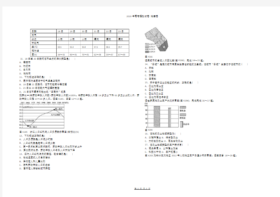 2019年高考模拟试卷 地理卷