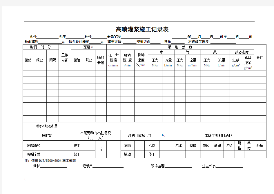 高喷灌浆施工记录表