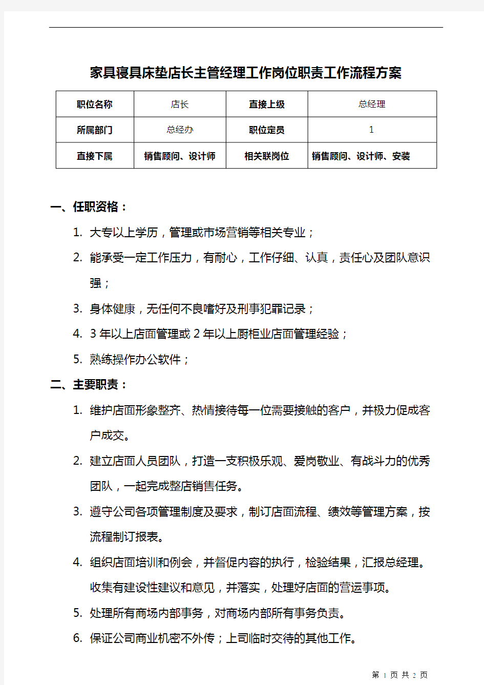 家具寝具床垫店长主管经理工作岗位职责工作流程方案