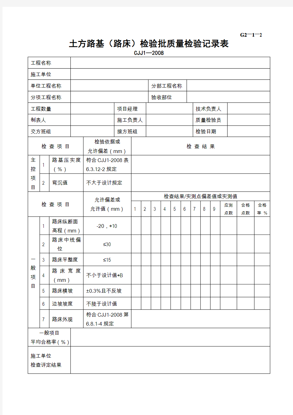 道路表格：G2—1—2土方路基(路床)检验批质量检验记录