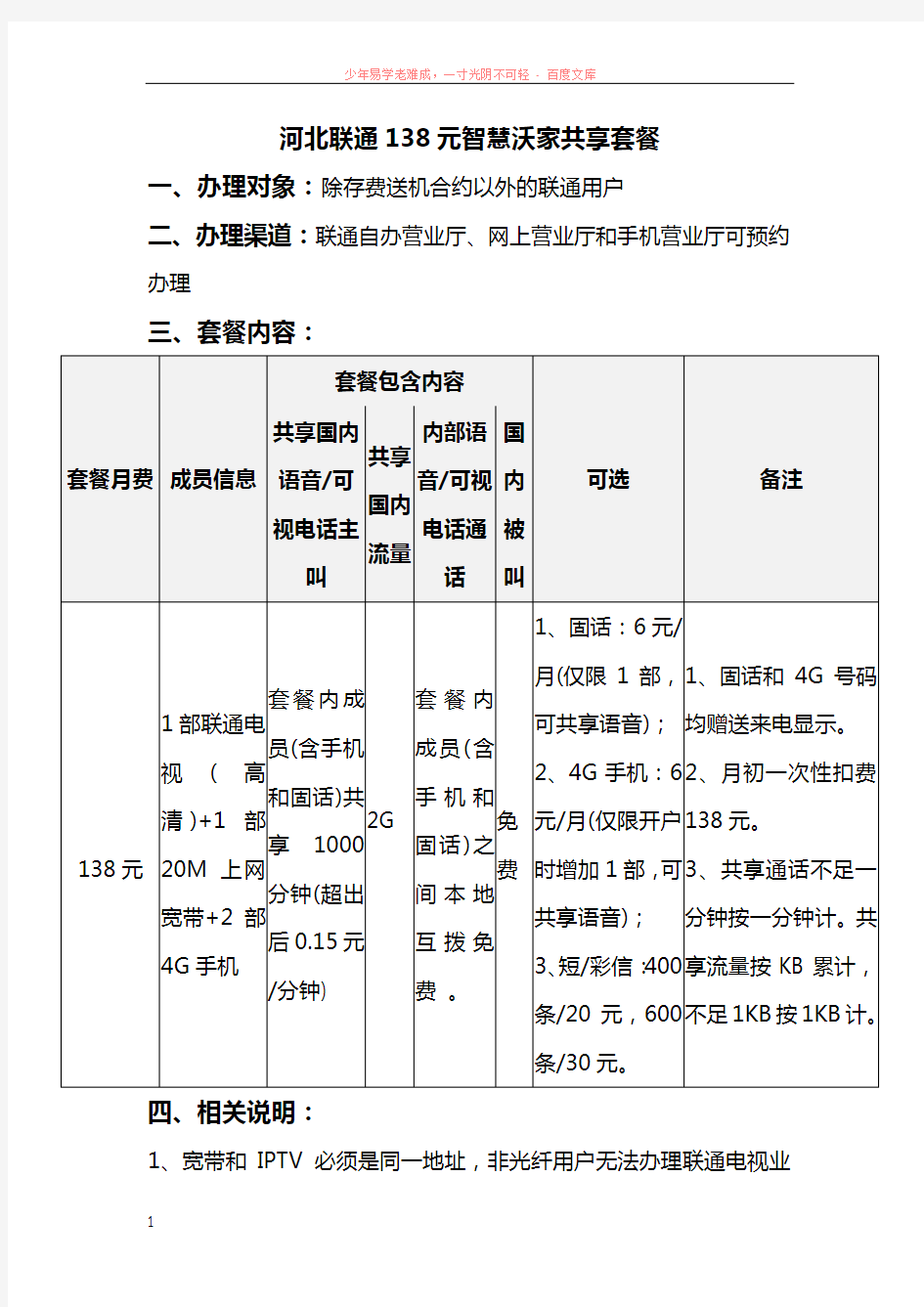 河北联通138元智慧沃家共享套餐