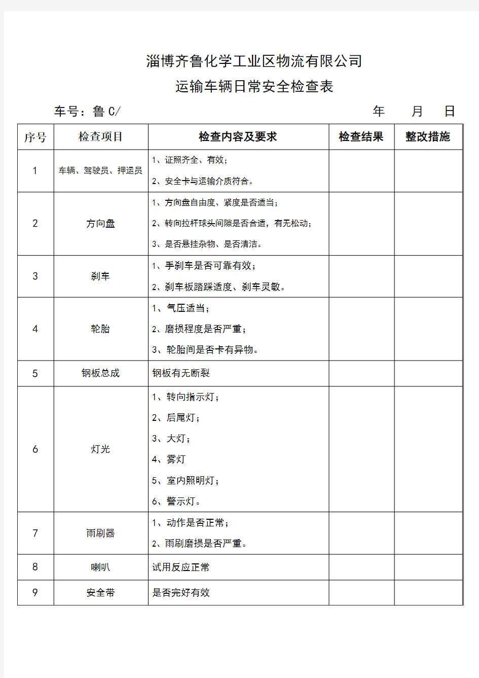 运输车辆日常检查表