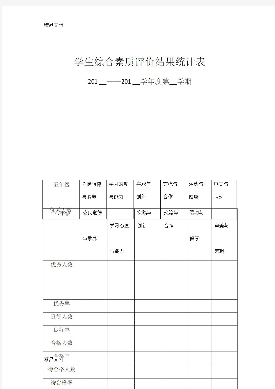 最新学生综合素质评价结果统计表(各年级)