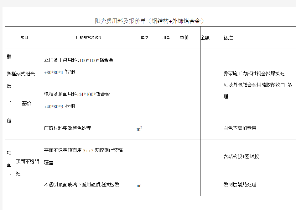 阳光房用料及报价单