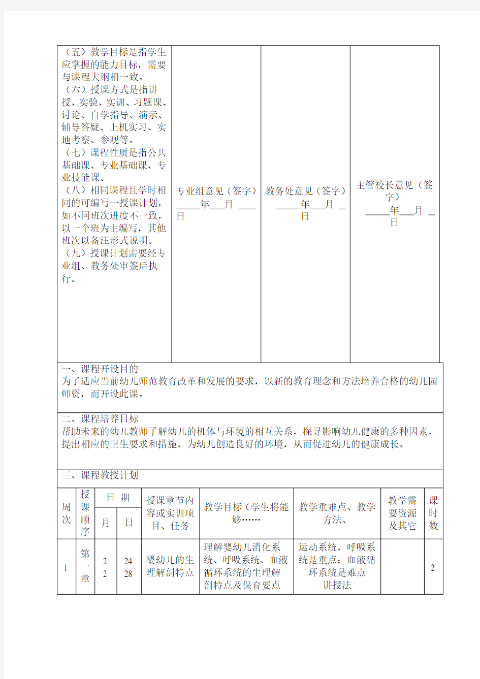 幼儿卫生学授课计划