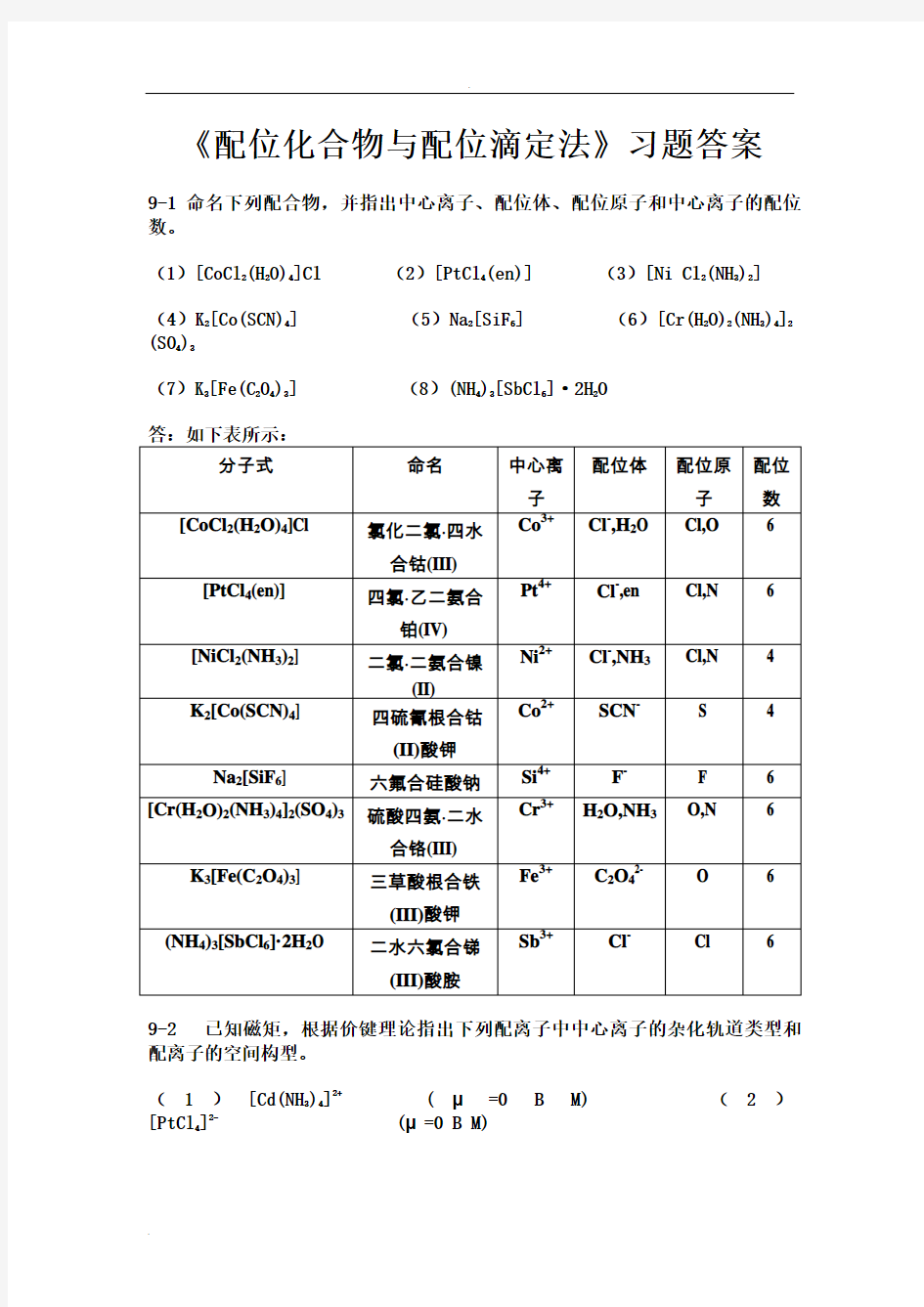 《配位化合物与配位滴定法》习题答案