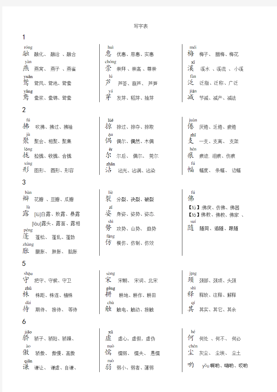 部编版三年级语文下册《写字表》生字带拼音三词