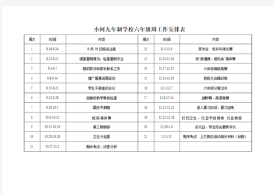 班级周工作安排表