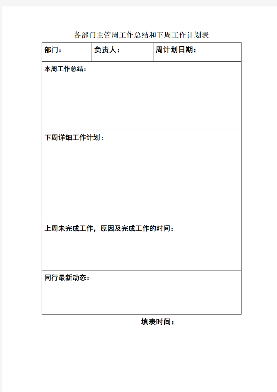 各部门主管周工作总结和下周工作计划表