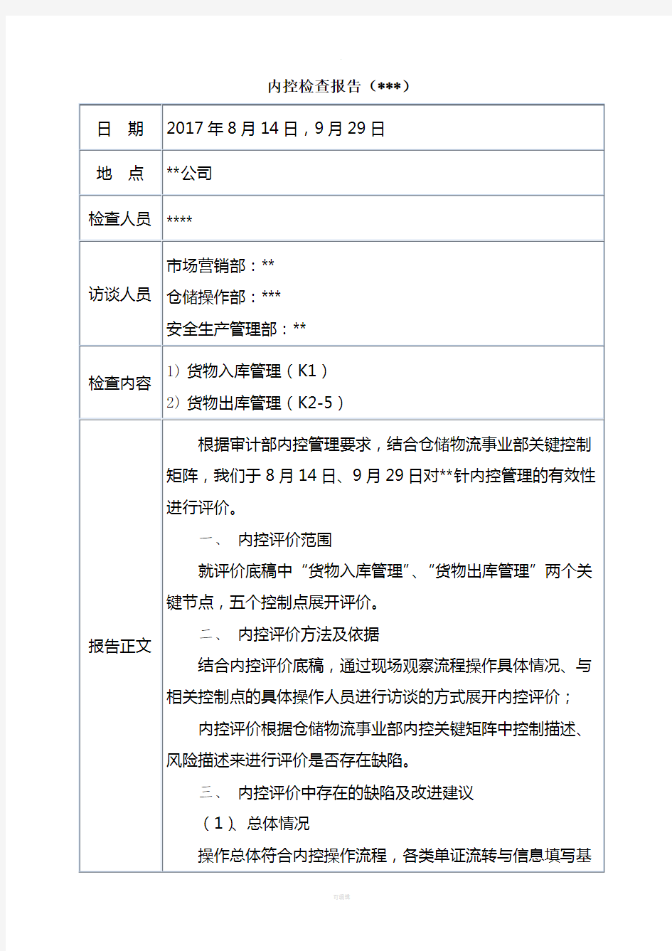 内控检查报告(2017年)