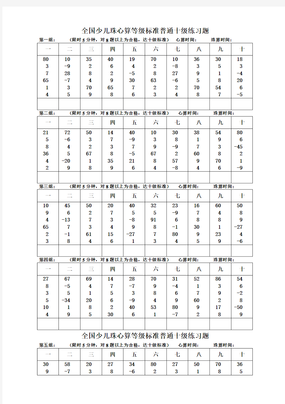 全国少儿珠心算等级标准普通十级练习题