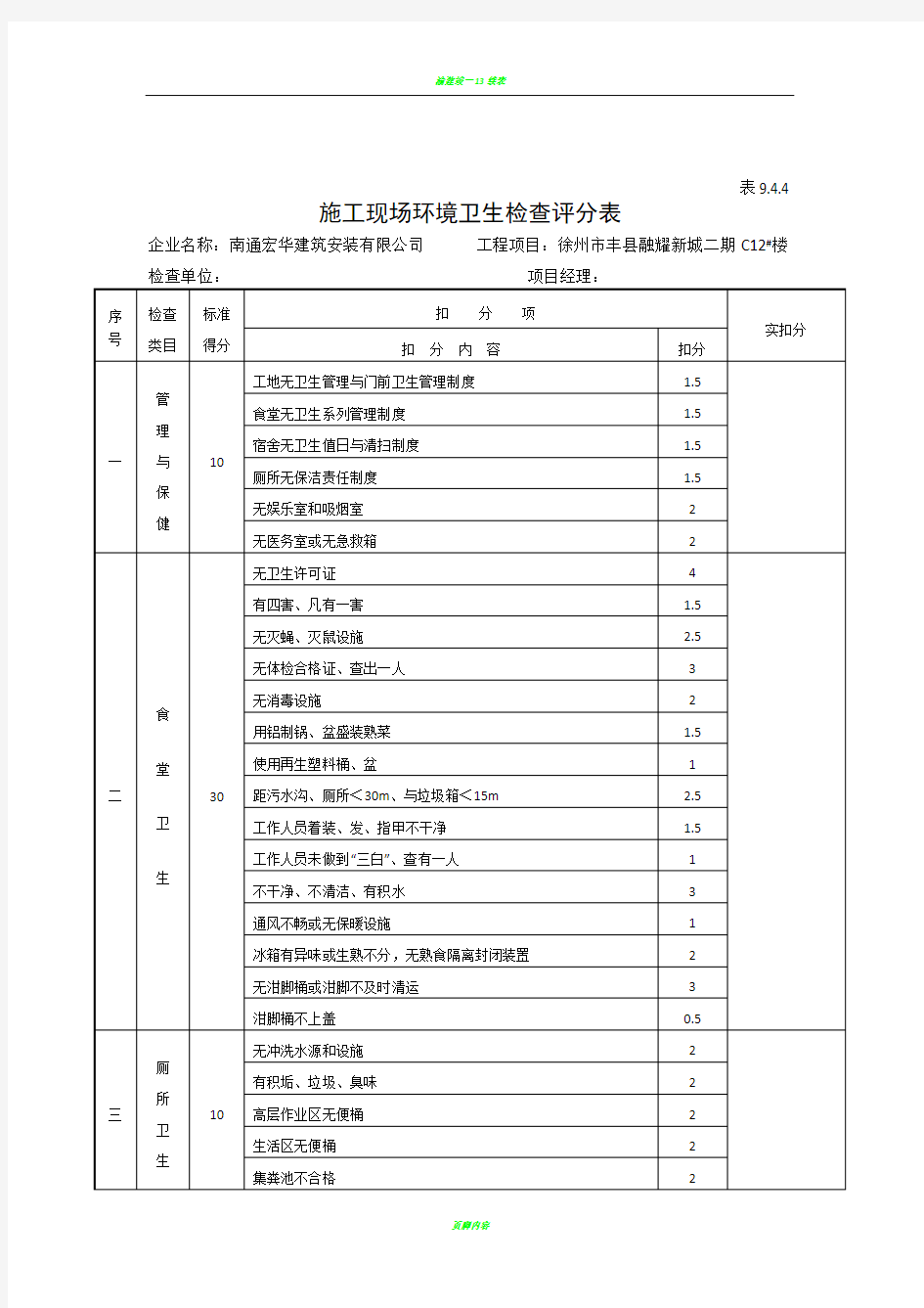 9.4.4施工现场环境卫生检查评分表