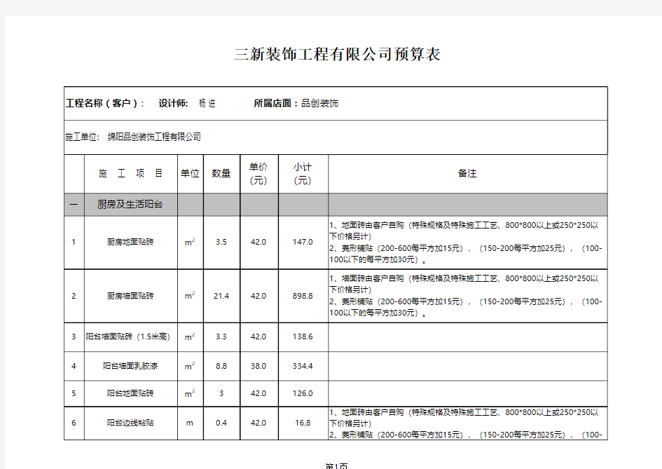 室内设计预算表格1(1)