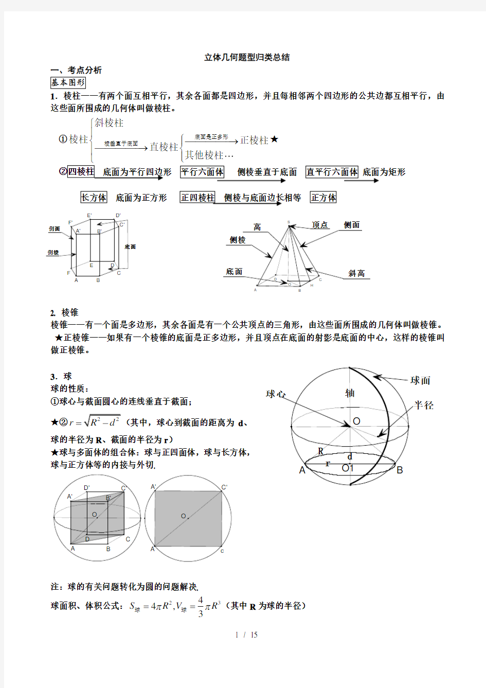 人教版高中数学必修2立体几何题型归类总结