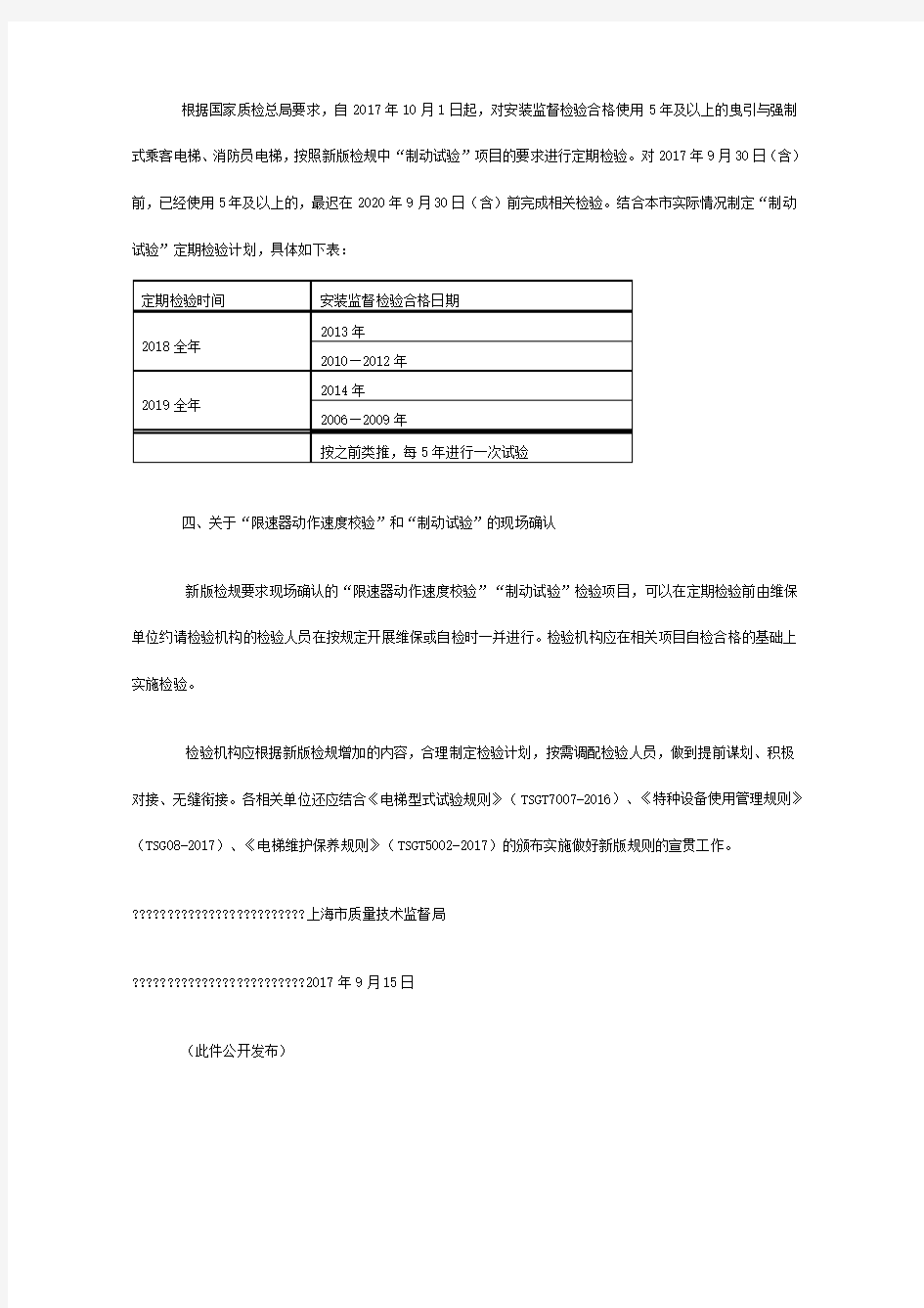上海市质量技术监督局关于实施电梯检规号修改单有关意见的通知