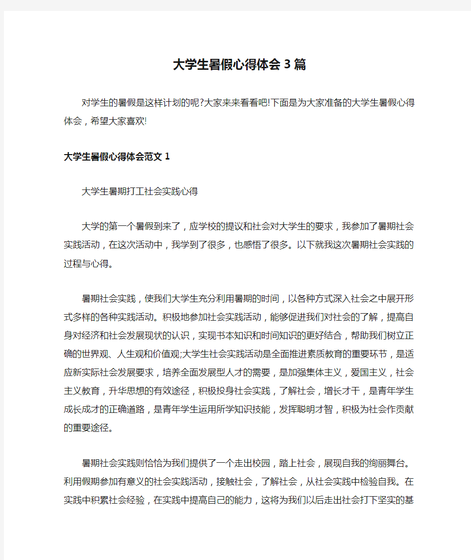 大学生暑假心得体会3篇