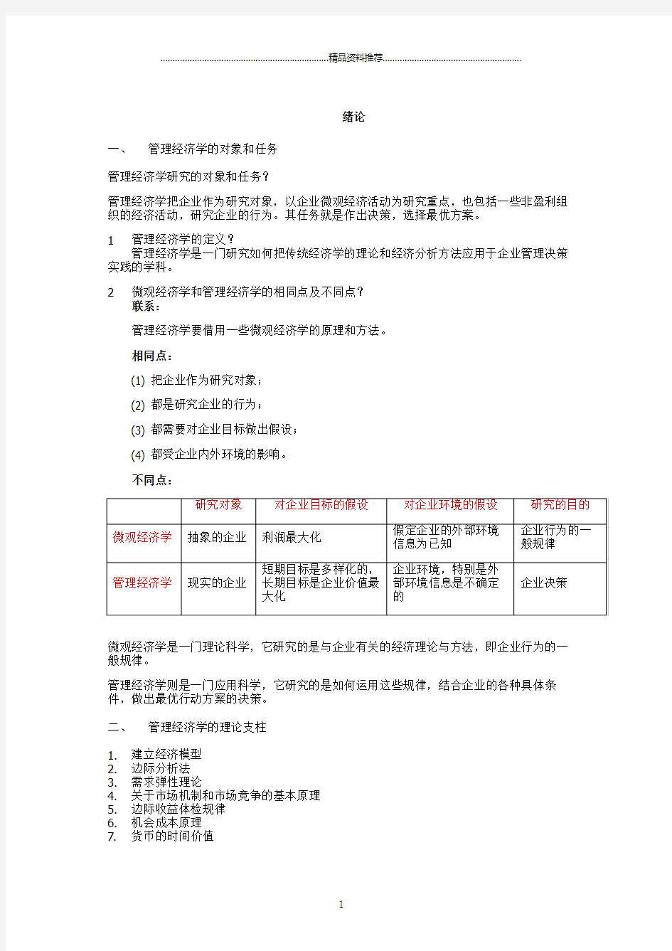 管理经济学知识点