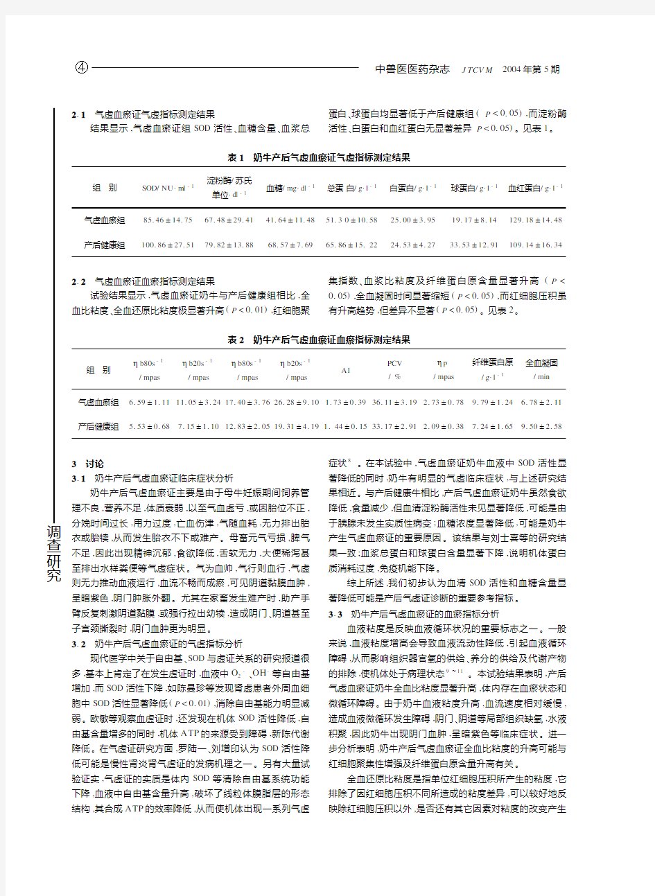 奶牛产后气虚血瘀证诊断标准的研究