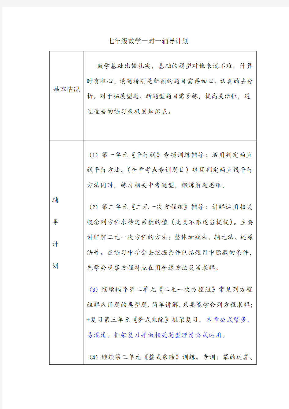 七年级数学一对一辅导计划