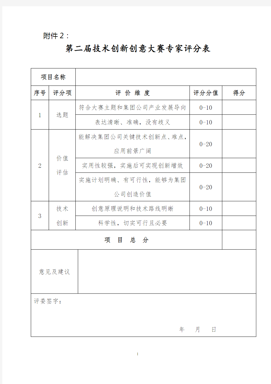 技术创新创意大赛专家评分表