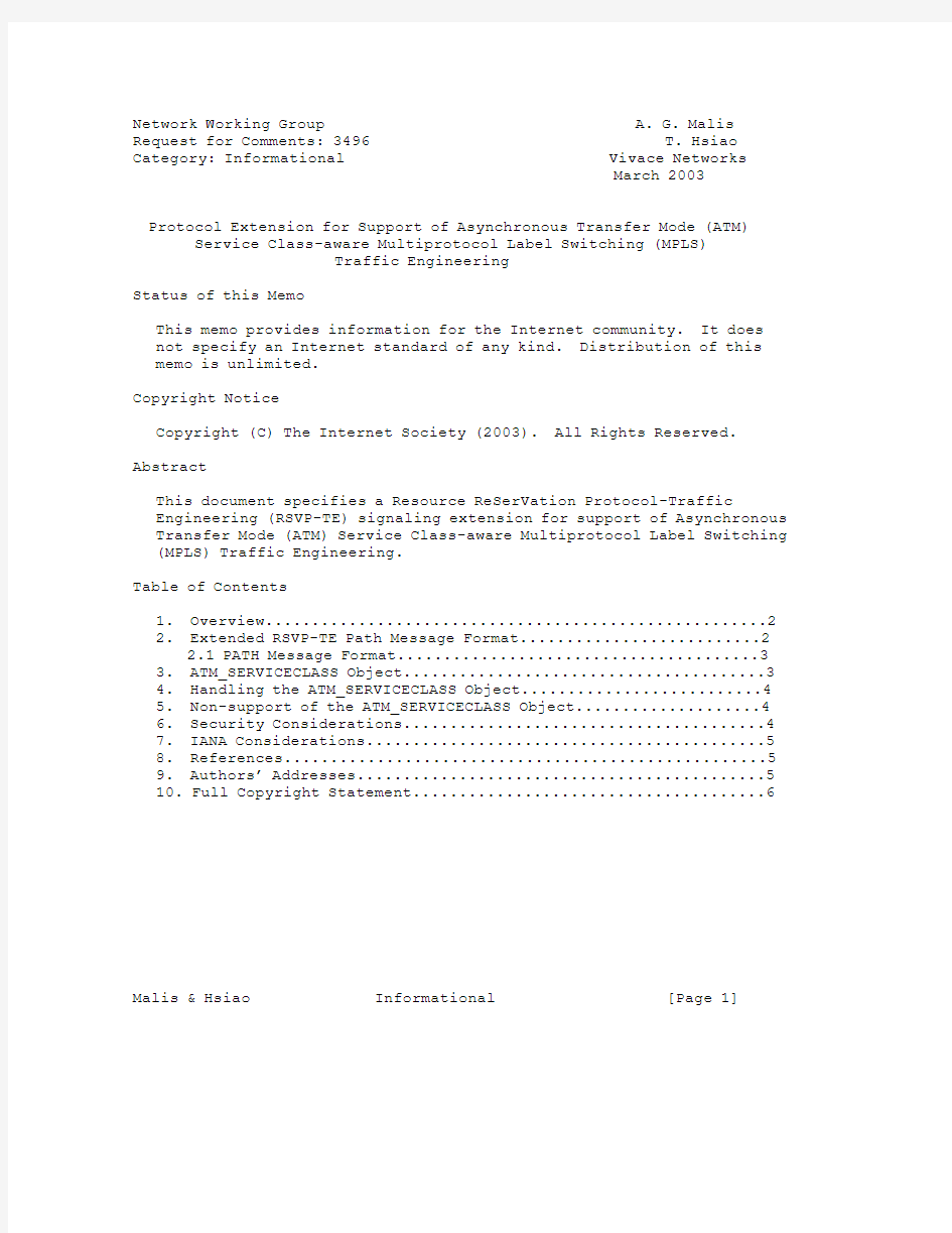 rfc3496.Protocol Extension for Support of Asynchronous Transfer Mode (ATM) Service Class-aware Multi