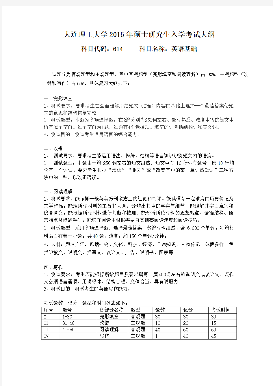 614 英语基础 2015硕士研究生入学考试初试大连理工大学自命题考试科目考试大纲