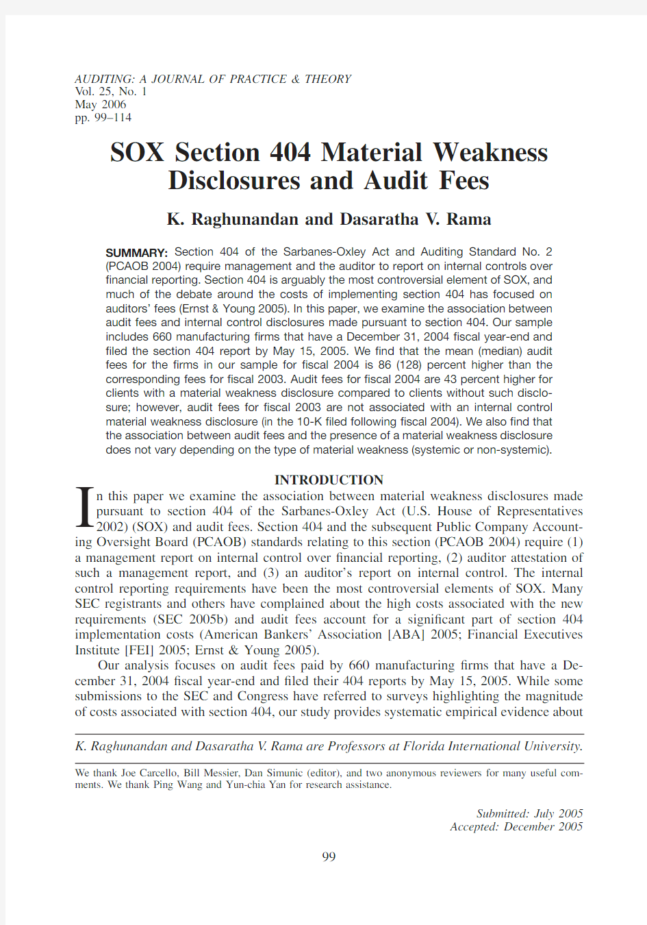 SOX Section 404 Material Weakness Disclosures and Audit Fees