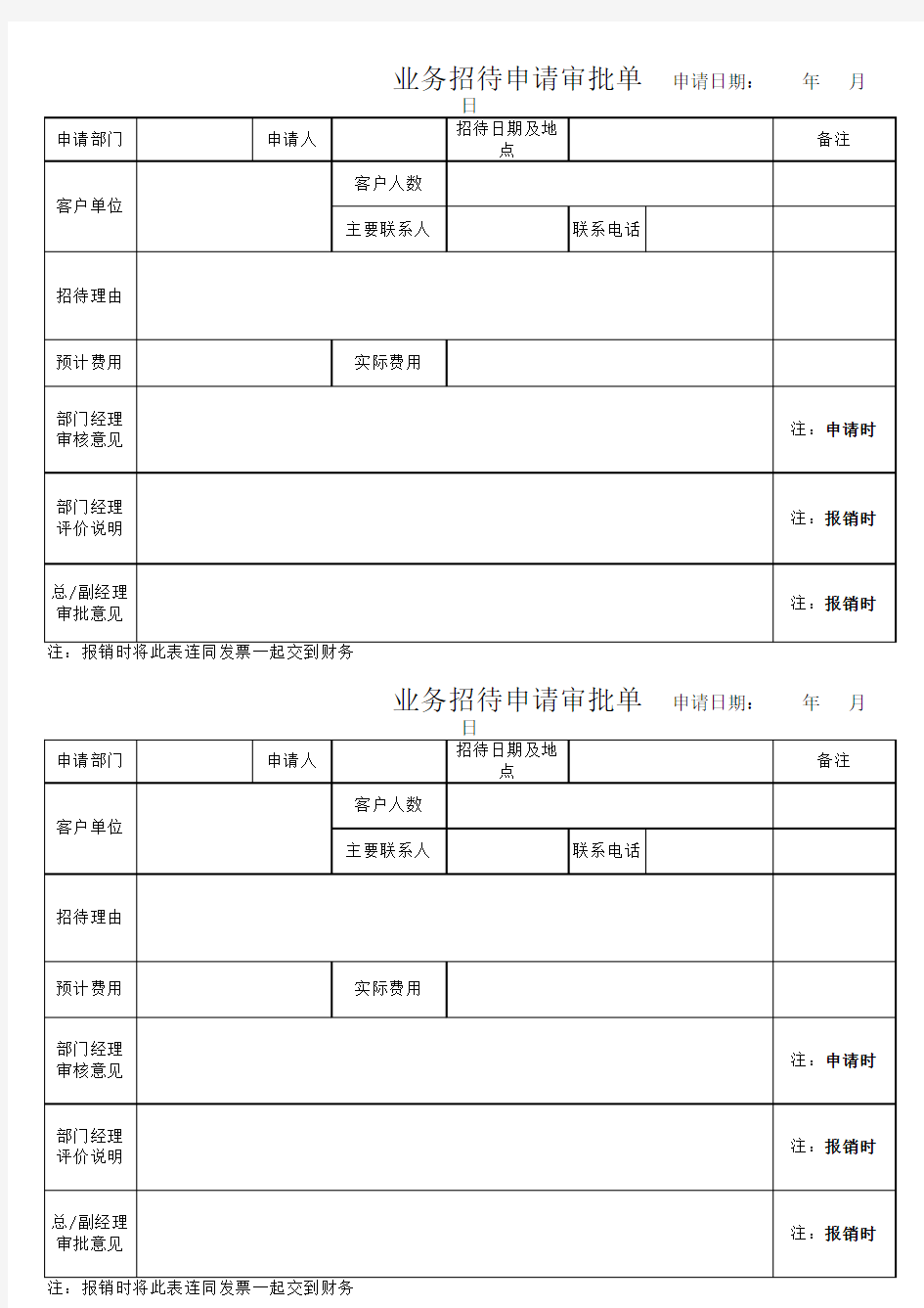 业务招待审批单