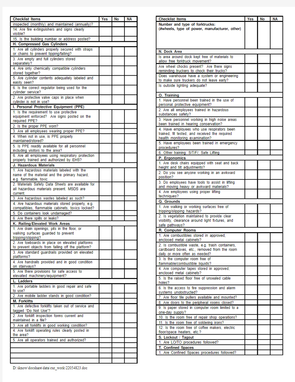 Warehouse - Safety Inspection Checklist