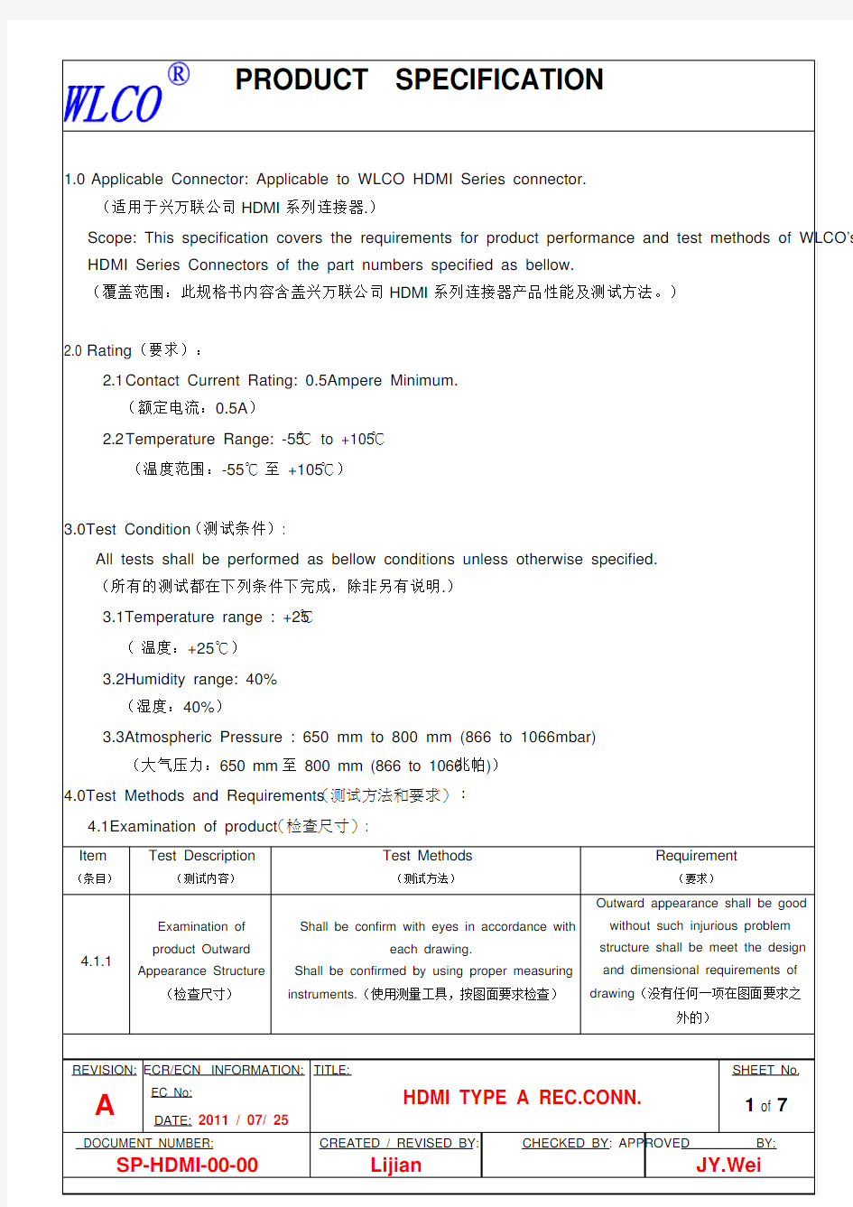 WLCO HDMI 规格书---中英文